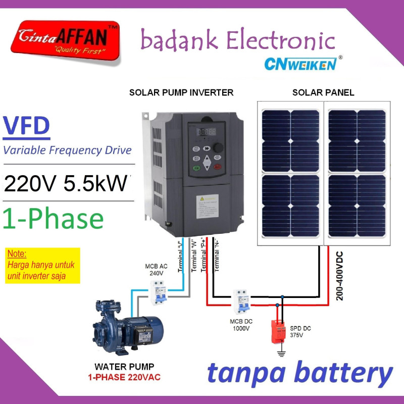 SOLAR WATER PUMP INVERTER 1-PHASE 5.5kW 8HP 20A OUTPUT 220VAC VFD